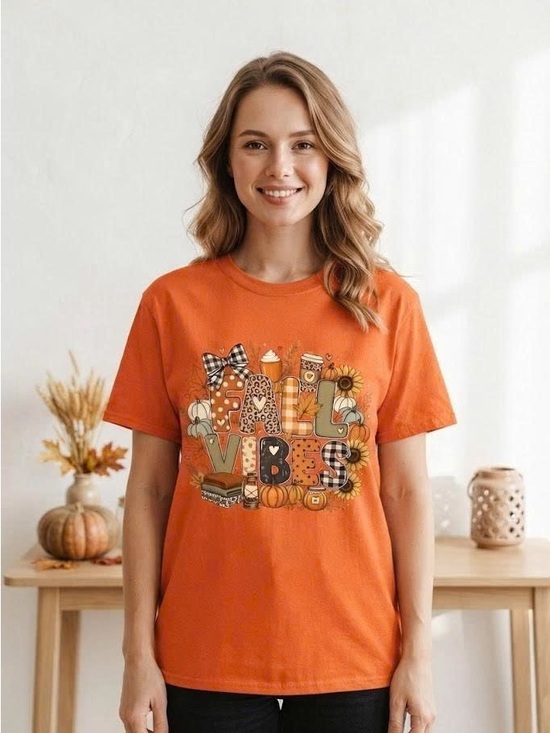 Gildan Tops - Fall Vibes Graphic Tee Pumpkin Coffee Leopard Plaid Orange Autumn Shirt